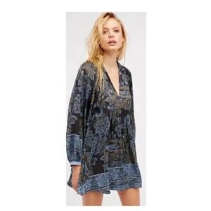 Free People Paisley Babydoll Mini Dress Womens S Petite Brown Long Sleeve Boho